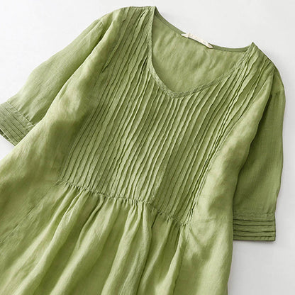 Buddha Stones Casual Accordion Pleat Plain V-neck Short Sleeve Cotton Midi Dress With Pockets