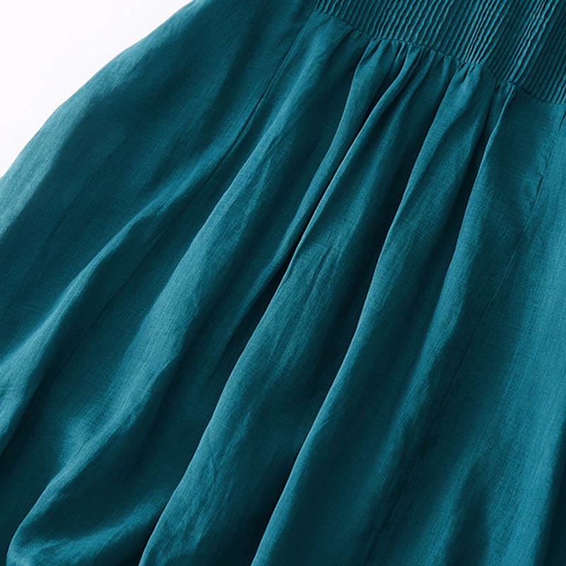 Buddha Stones Casual Accordion Pleat Plain V-neck Short Sleeve Cotton Midi Dress With Pockets