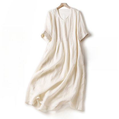 Buddha Stones Casual Accordion Pleat Plain V-neck Short Sleeve Cotton Midi Dress With Pockets