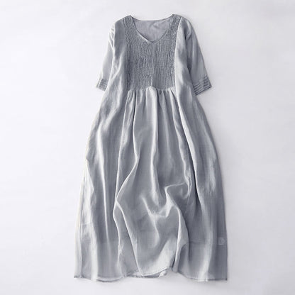 Buddha Stones Casual Accordion Pleat Plain V-neck Short Sleeve Cotton Midi Dress With Pockets