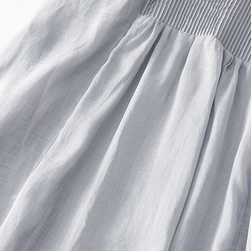Buddha Stones Casual Accordion Pleat Plain V-neck Short Sleeve Cotton Midi Dress With Pockets