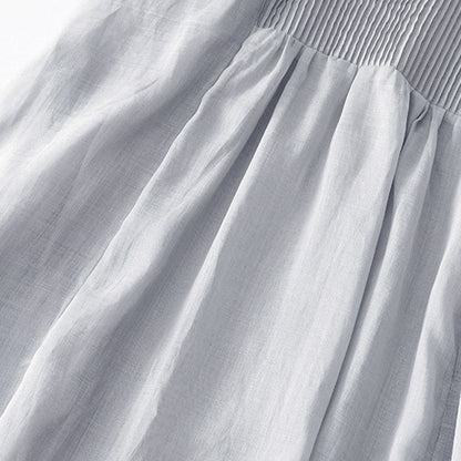 Buddha Stones Casual Accordion Pleat Plain V-neck Short Sleeve Cotton Midi Dress With Pockets
