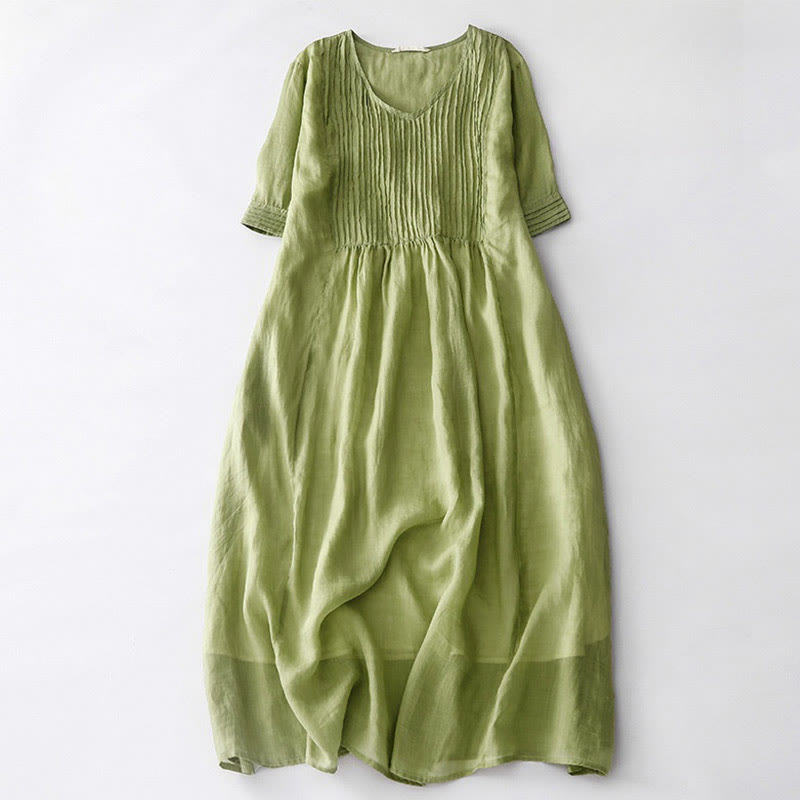 Buddha Stones Casual Accordion Pleat Plain V-neck Short Sleeve Cotton Midi Dress With Pockets