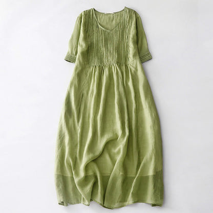 Buddha Stones Casual Accordion Pleat Plain V-neck Short Sleeve Cotton Midi Dress With Pockets