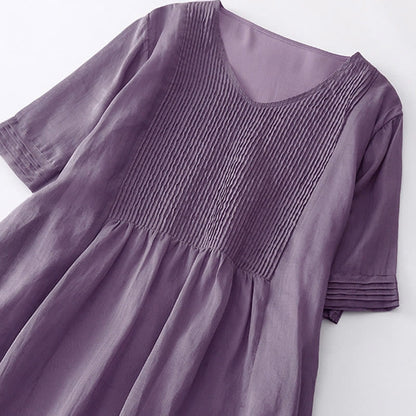 Buddha Stones Casual Accordion Pleat Plain V-neck Short Sleeve Cotton Midi Dress With Pockets