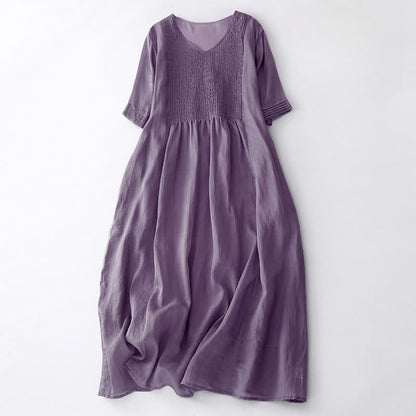 Buddha Stones Casual Accordion Pleat Plain V-neck Short Sleeve Cotton Midi Dress With Pockets