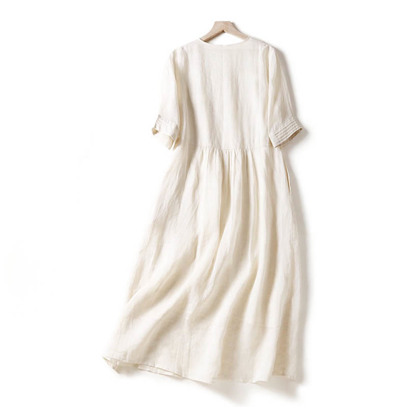 Buddha Stones Casual Accordion Pleat Plain V-neck Short Sleeve Cotton Midi Dress With Pockets