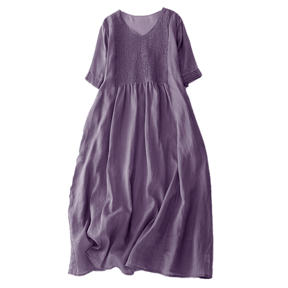 Buddha Stones Casual Accordion Pleat Plain V-neck Short Sleeve Cotton Midi Dress With Pockets