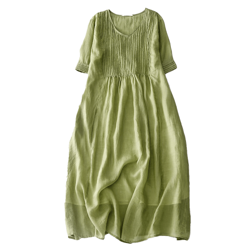 Buddha Stones Casual Accordion Pleat Plain V-neck Short Sleeve Cotton Midi Dress With Pockets