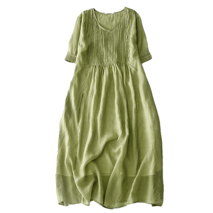 Buddha Stones Casual Accordion Pleat Plain V-neck Short Sleeve Cotton Midi Dress With Pockets