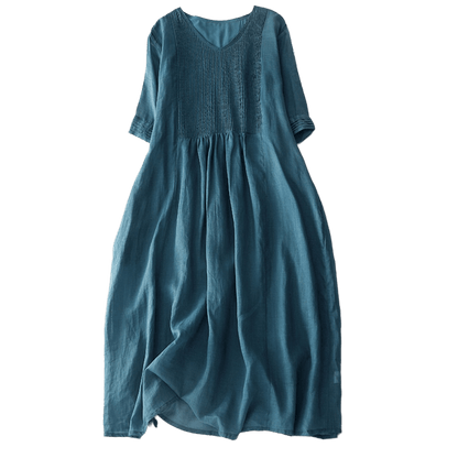 Buddha Stones Casual Accordion Pleat Plain V-neck Short Sleeve Cotton Midi Dress With Pockets