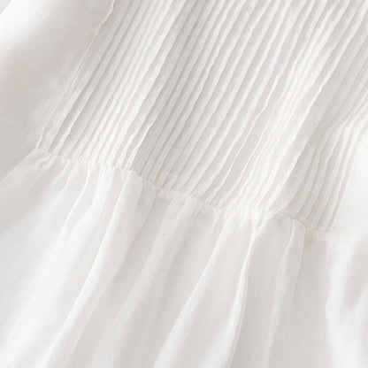 Buddha Stones Casual Accordion Pleat Plain V-neck Short Sleeve Cotton Midi Dress With Pockets