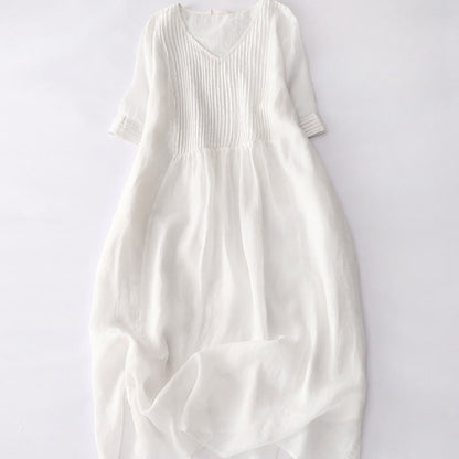 Buddha Stones Casual Accordion Pleat Plain V-neck Short Sleeve Cotton Midi Dress With Pockets