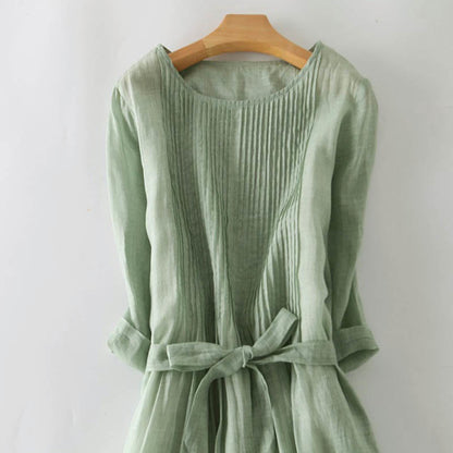 Buddha Stones Casual Lace-up Plain Crew Neck Half Sleeve Cotton Midi Dress With Pockets
