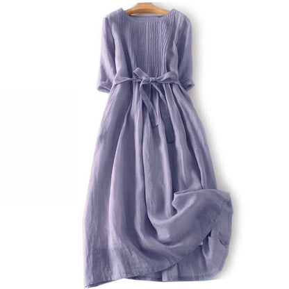 Buddha Stones Casual Lace-up Plain Crew Neck Half Sleeve Cotton Midi Dress With Pockets