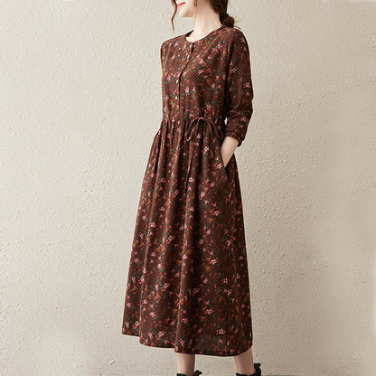 Buddha Stones Ethnic Printing Floral Long Sleeve Buttons Design Cotton Linen Midi Dress With Pockets
