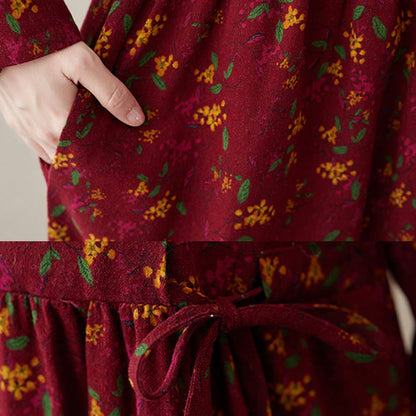 Buddha Stones Ethnic Printing Floral Long Sleeve Buttons Design Cotton Linen Midi Dress With Pockets