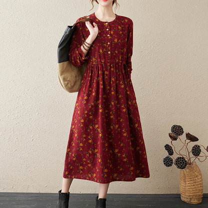 Buddha Stones Ethnic Printing Floral Long Sleeve Buttons Design Cotton Linen Midi Dress With Pockets