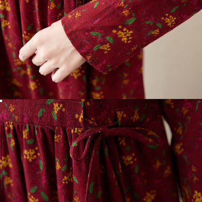 Buddha Stones Ethnic Printing Floral Long Sleeve Buttons Design Cotton Linen Midi Dress With Pockets