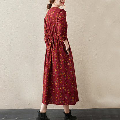 Buddha Stones Ethnic Printing Floral Long Sleeve Buttons Design Cotton Linen Midi Dress With Pockets
