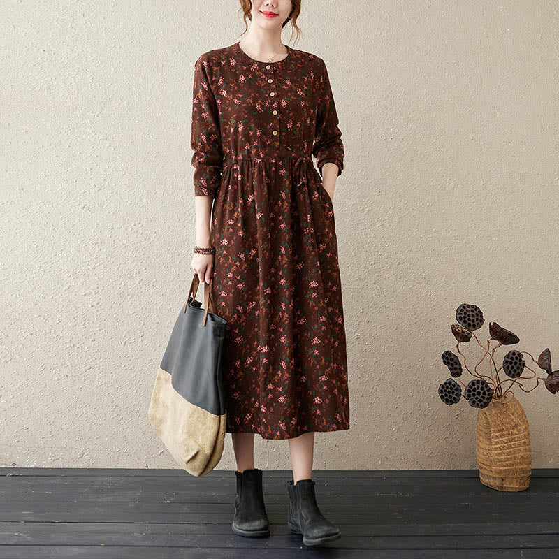 Buddha Stones Ethnic Printing Floral Long Sleeve Buttons Design Cotton Linen Midi Dress With Pockets