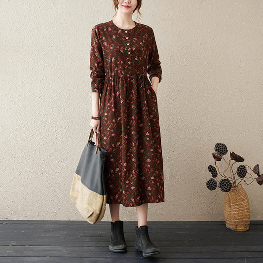 Buddha Stones Ethnic Printing Floral Long Sleeve Buttons Design Cotton Linen Midi Dress With Pockets