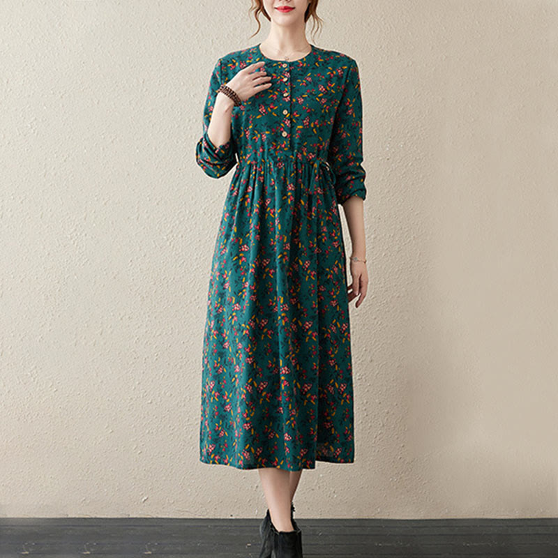 Buddha Stones Ethnic Printing Floral Long Sleeve Buttons Design Cotton Linen Midi Dress With Pockets