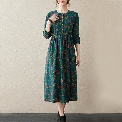 Buddha Stones Ethnic Printing Floral Long Sleeve Buttons Design Cotton Linen Midi Dress With Pockets