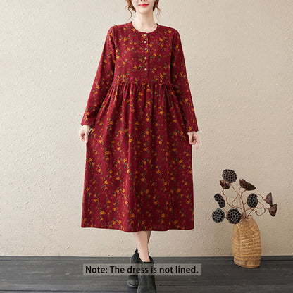 Buddha Stones Ethnic Printing Floral Long Sleeve Buttons Design Cotton Linen Midi Dress With Pockets