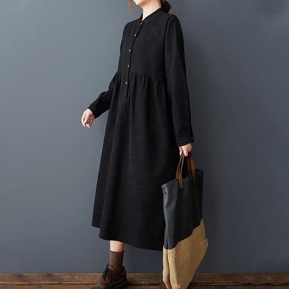 Buddha Stones Plain Buttons Design Thermal Cotton Linen Long Sleeve Midi Dress With Pockets