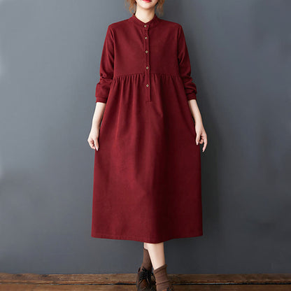 Buddha Stones Plain Buttons Design Thermal Cotton Linen Long Sleeve Midi Dress With Pockets