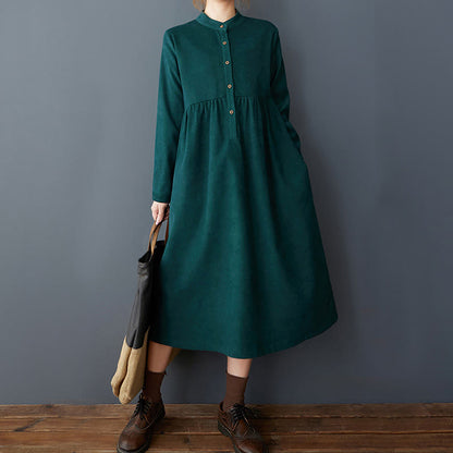 Buddha Stones Plain Buttons Design Thermal Cotton Linen Long Sleeve Midi Dress With Pockets