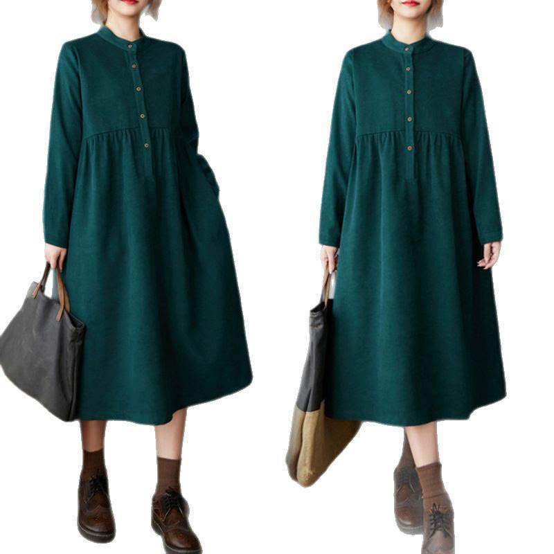Buddha Stones Plain Buttons Design Thermal Cotton Linen Long Sleeve Midi Dress With Pockets
