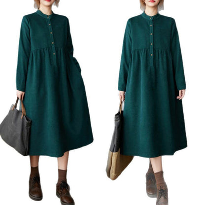Buddha Stones Plain Buttons Design Thermal Cotton Linen Long Sleeve Midi Dress With Pockets
