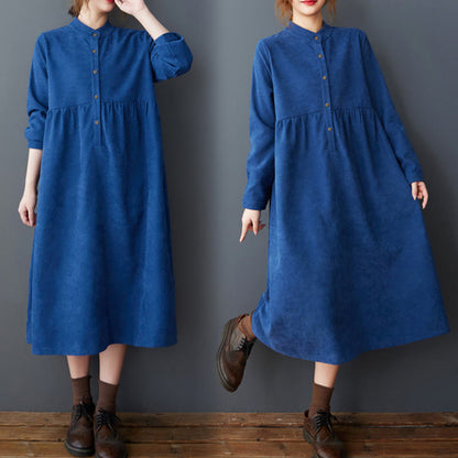 Buddha Stones Plain Buttons Design Thermal Cotton Linen Long Sleeve Midi Dress With Pockets