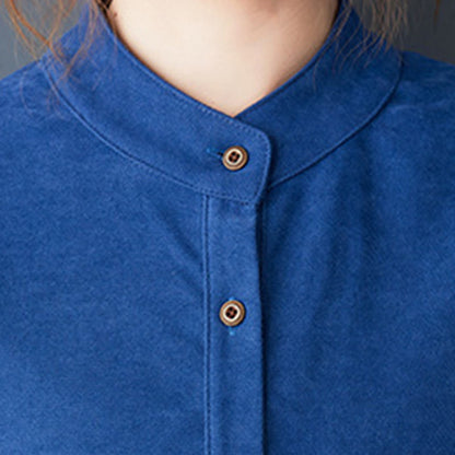 Buddha Stones Plain Buttons Design Thermal Cotton Linen Long Sleeve Midi Dress With Pockets