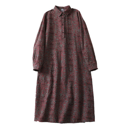 Buddha Stones Brown Printing Floral Pattern Lapel Cotton Linen Long Sleeve Midi Dress With Pockets