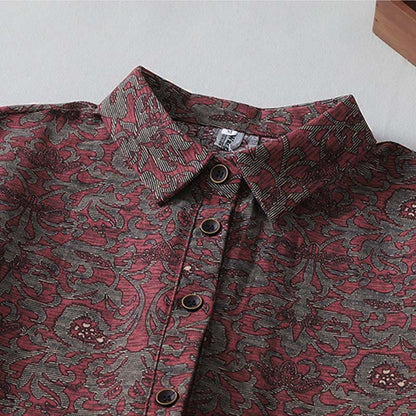 Buddha Stones Brown Printing Floral Pattern Lapel Cotton Linen Long Sleeve Midi Dress With Pockets