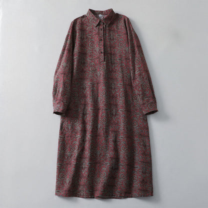 Buddha Stones Brown Printing Floral Pattern Lapel Cotton Linen Long Sleeve Midi Dress With Pockets