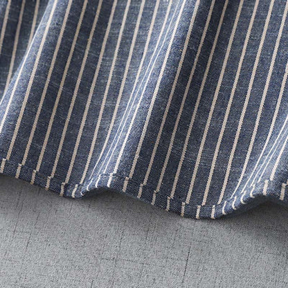 Buddha Stones LightSteelBlue White Striped Long Sleeve Lapel Cotton Linen Midi Dress With Pockets