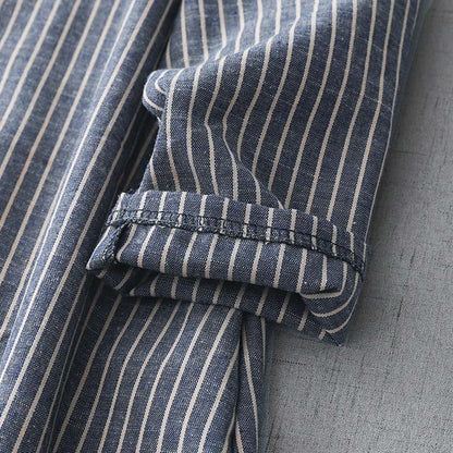 Buddha Stones LightSteelBlue White Striped Long Sleeve Lapel Cotton Linen Midi Dress With Pockets