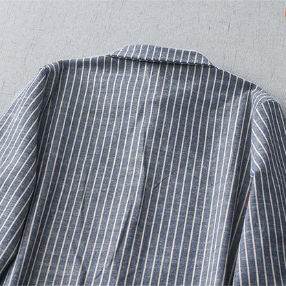 Buddha Stones LightSteelBlue White Striped Long Sleeve Lapel Cotton Linen Midi Dress With Pockets