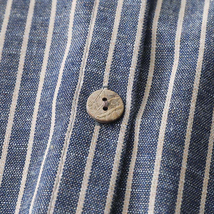 Buddha Stones LightSteelBlue White Striped Long Sleeve Lapel Cotton Linen Midi Dress With Pockets
