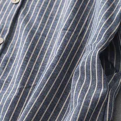 Buddha Stones LightSteelBlue White Striped Long Sleeve Lapel Cotton Linen Midi Dress With Pockets