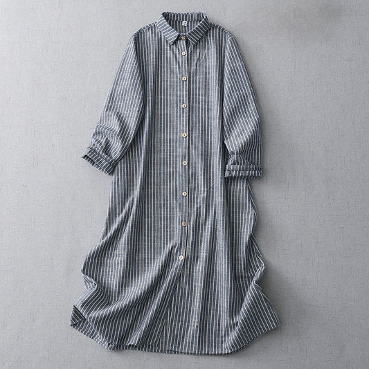 Buddha Stones LightSteelBlue White Striped Long Sleeve Lapel Cotton Linen Midi Dress With Pockets