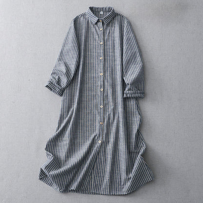 Buddha Stones LightSteelBlue White Striped Long Sleeve Lapel Cotton Linen Midi Dress With Pockets