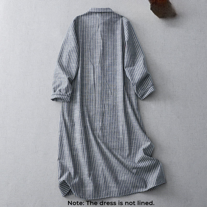 Buddha Stones LightSteelBlue White Striped Long Sleeve Lapel Cotton Linen Midi Dress With Pockets