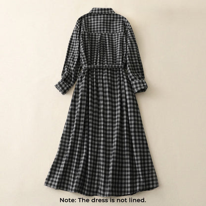 Buddha Stones Black Lace-Up Design Plaid Lapel Long Sleeve Cotton Linen Midi Dress With Pockets