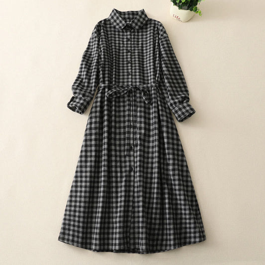 Buddha Stones Black Lace-Up Design Plaid Lapel Long Sleeve Cotton Linen Midi Dress With Pockets
