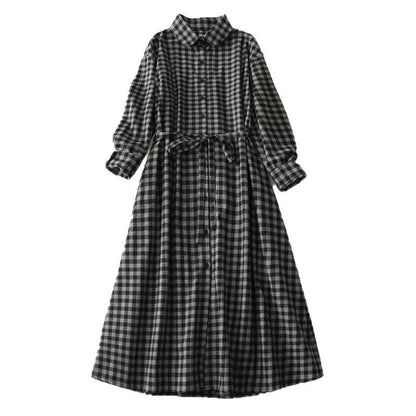 Buddha Stones Black Lace-Up Design Plaid Lapel Long Sleeve Cotton Linen Midi Dress With Pockets